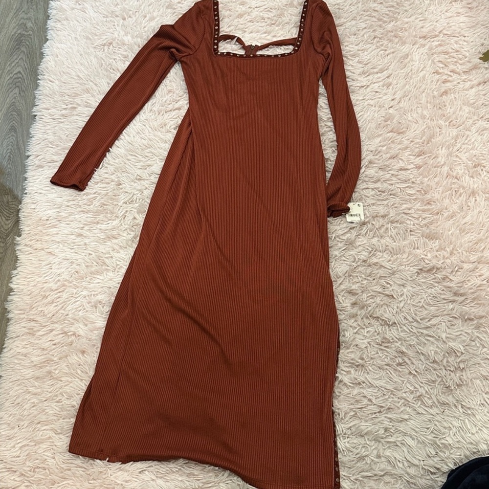 Free People NWT Square Neck Bronze Studded Simone Wine Bordeaux Midi Dress in XL - Picture 3 of 9